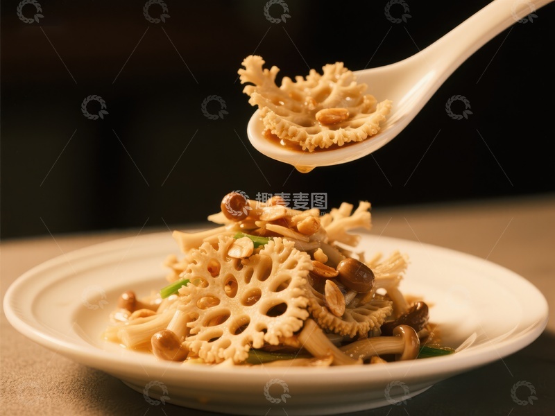 高清大图下载【趣麦麦图】莲藕蘑菇炒菜，勺子舀起特写