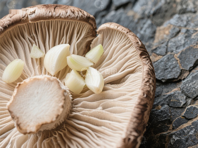 高清大图下载【趣麦麦图】蘑菇切片与蒜瓣的特写