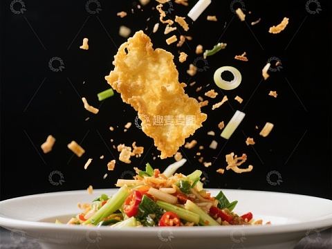 脆皮食材空中飞舞，色彩缤纷的沙拉特写