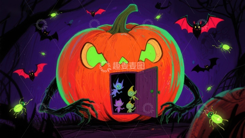 高清大图下载【趣麦麦图】万圣节南瓜屋中的小精灵