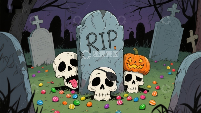 高清大图下载【趣麦麦图】墓地万圣节场景：糖果与骷髅