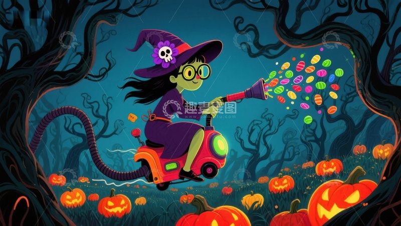 高清大图下载【趣麦麦图】万圣节女巫骑车喷洒糖果
