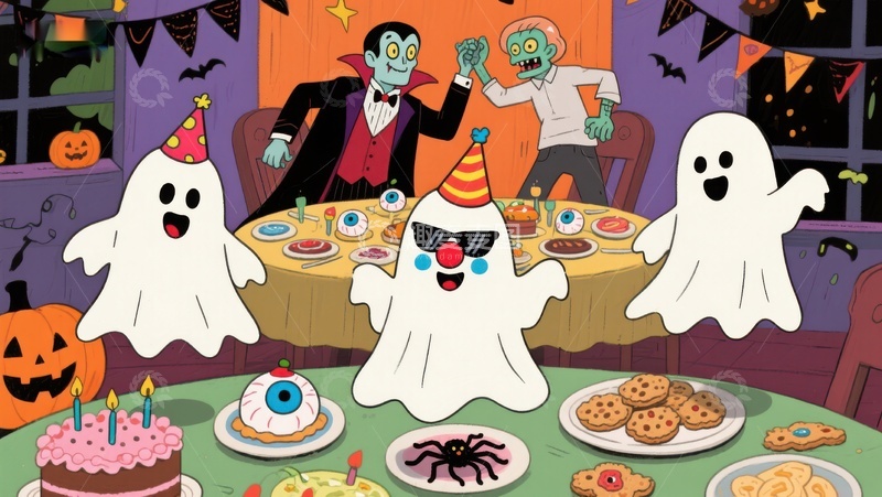 高清大图下载【趣麦麦图】万圣节派对：幽灵与僵尸共庆