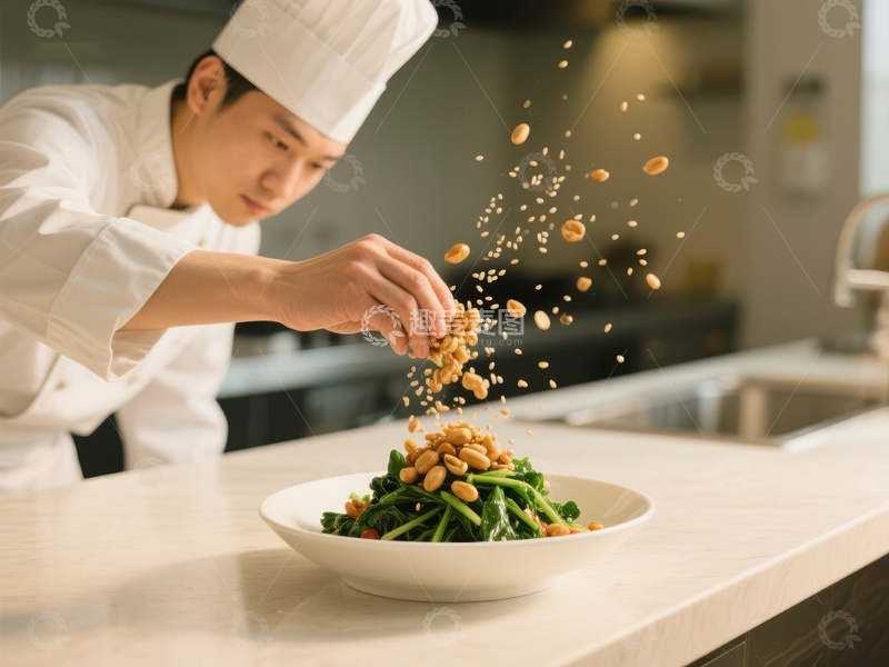 高清大图下载【趣麦麦图】厨师精心撒花生装饰绿色蔬菜