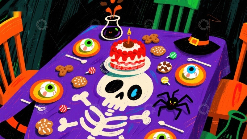 高清大图下载【趣麦麦图】万圣节餐桌上的骷髅与甜点