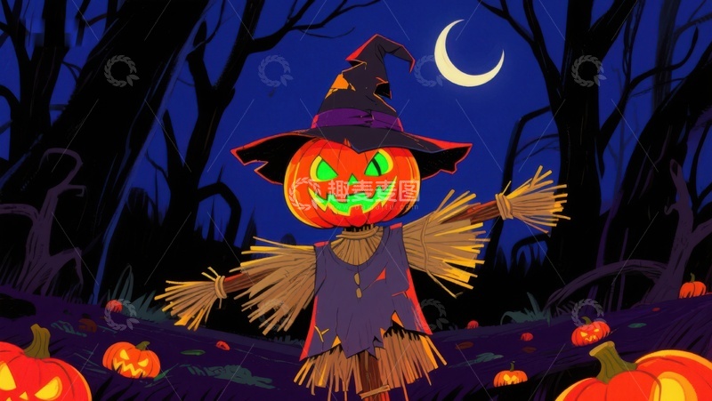 高清大图下载【趣麦麦图】万圣节南瓜灯与稻草人
