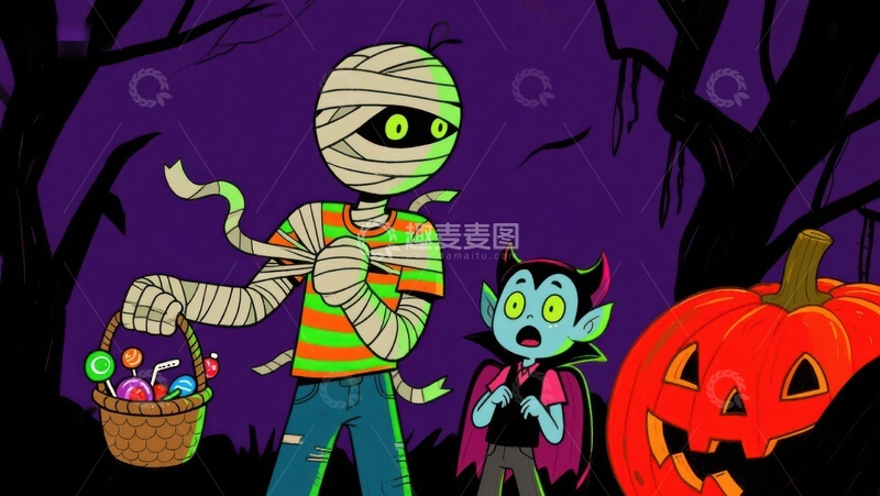 高清大图下载【趣麦麦图】万圣节夜，木乃伊与小恶魔的糖果冒险