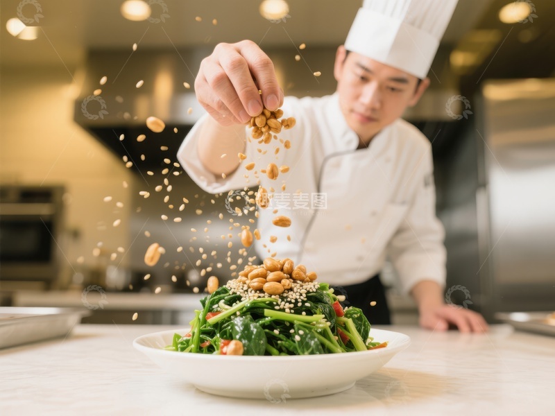 高清大图下载【趣麦麦图】厨师撒花生装饰绿色菜肴