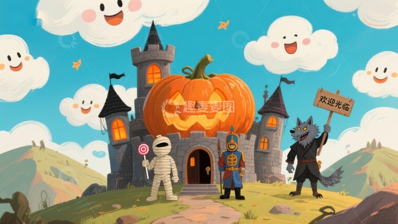 高清大图下载【趣麦麦图】万圣节城堡前的欢乐角色