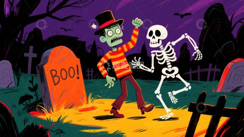 高清大图下载【趣麦麦图】万圣节僵尸与骷髅墓地狂欢