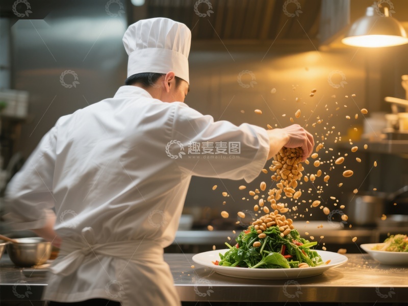 高清大图下载【趣麦麦图】厨师撒坚果装饰沙拉