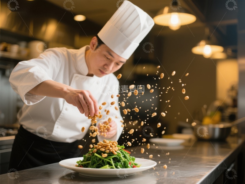 高清大图下载【趣麦麦图】厨师精心撒花生装饰菜品