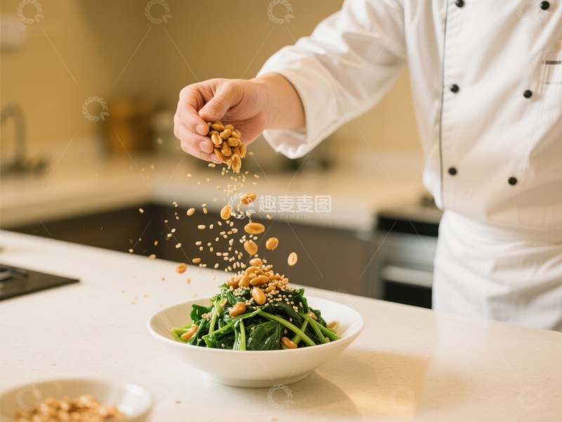 高清大图下载【趣麦麦图】厨师撒坚果于沙拉之上