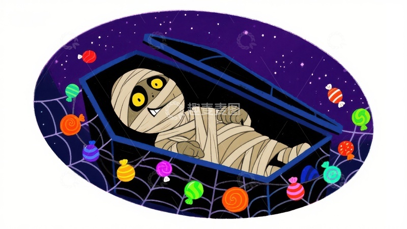 高清大图下载【趣麦麦图】万圣节木乃伊在糖果环绕的棺材中