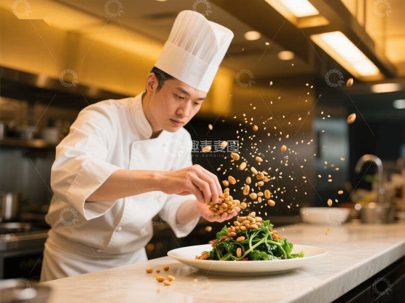 高清大图下载【趣麦麦图】厨师精心撒花生装饰菜品