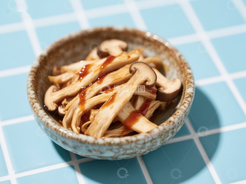高清大图下载【趣麦麦图】酱汁蘑菇盛于陶瓷碗中