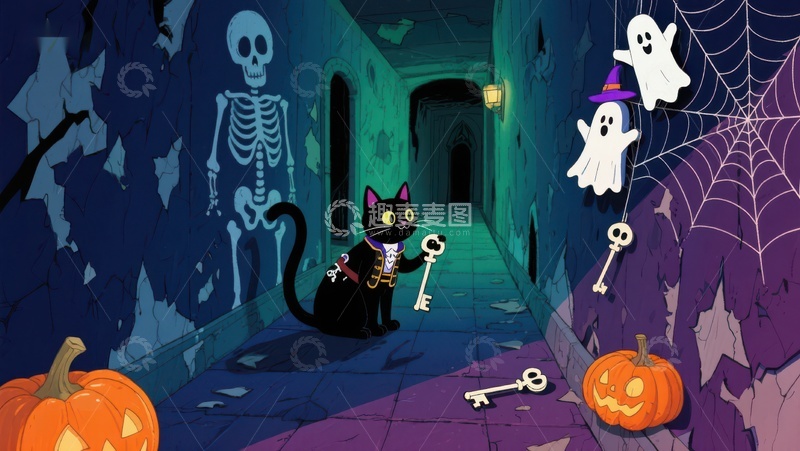 高清大图下载【趣麦麦图】万圣节夜景：黑猫探险神秘走廊