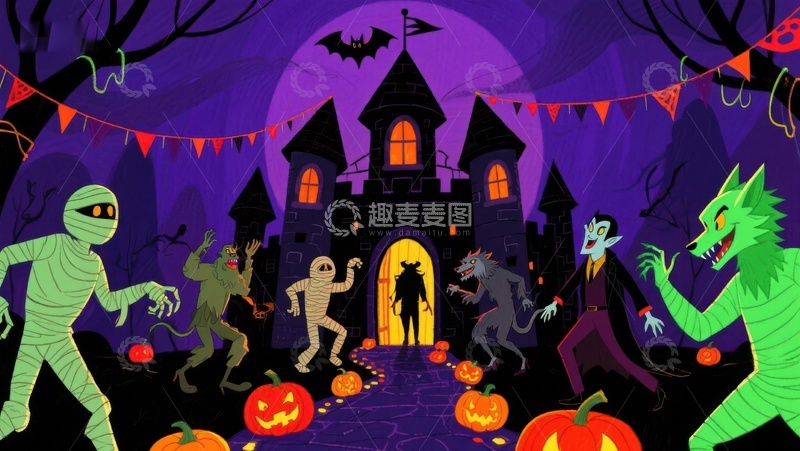 高清大图下载【趣麦麦图】万圣节夜景：怪物们在城堡前狂欢