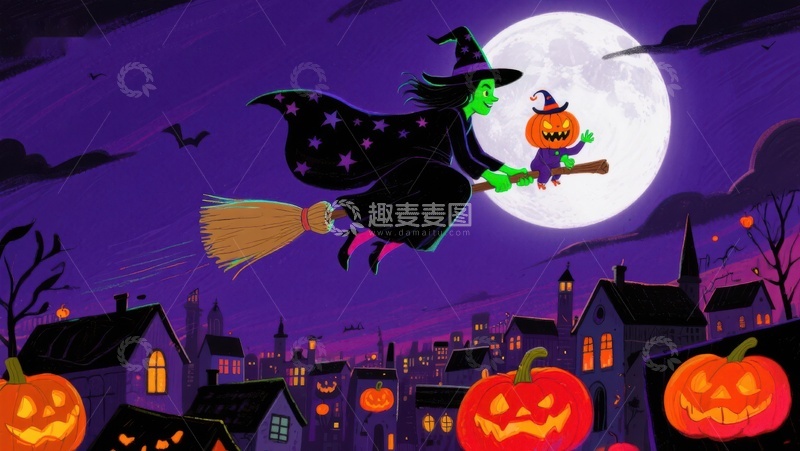高清大图下载【趣麦麦图】万圣夜巫女与南瓜灯飞行