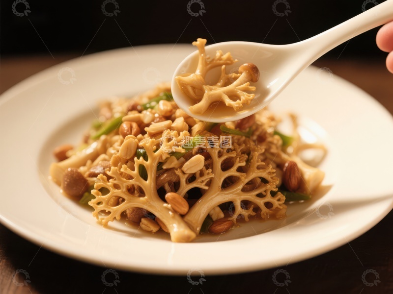 高清大图下载【趣麦麦图】精致菌菇菜肴，勺子舀起美味瞬间