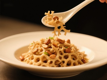 精致莲藕菜肴，勺子轻舀特写