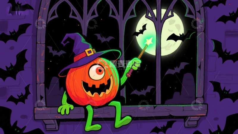 高清大图下载【趣麦麦图】万圣节南瓜巫师窗边施法