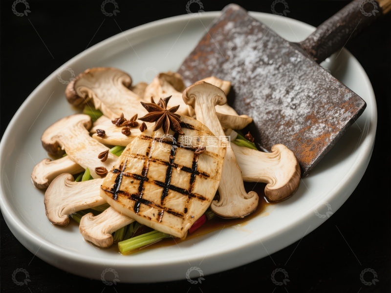 高清大图下载【趣麦麦图】烤肉配蘑菇与香料的精致料理