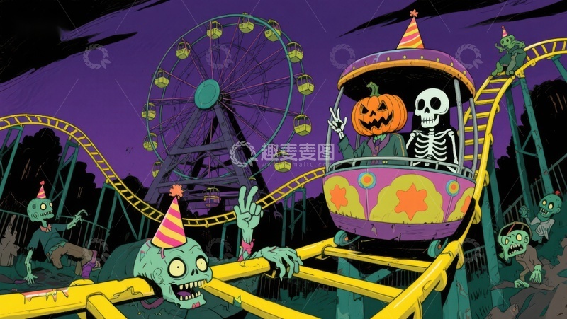 高清大图下载【趣麦麦图】万圣节游乐园的恐怖过山车