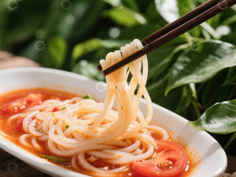 筷子夹起酸辣粉，诱人美食特写