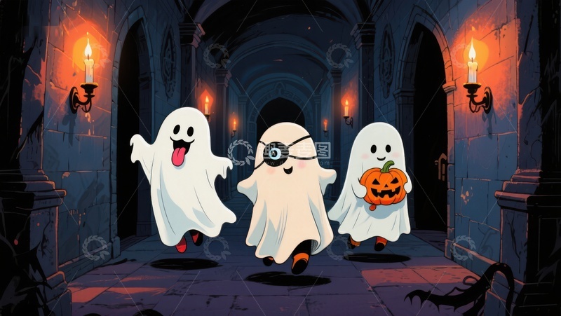 高清大图下载【趣麦麦图】万圣节幽灵在古堡走廊中欢乐奔跑