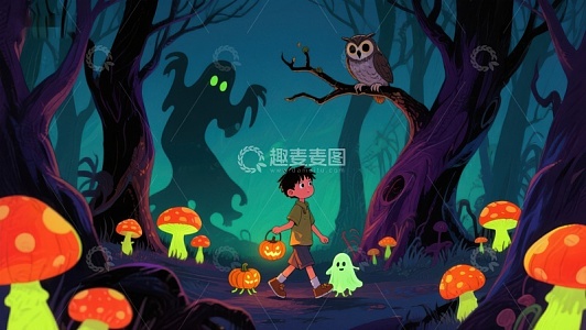 夜林探险：男孩与幽灵的奇幻之旅