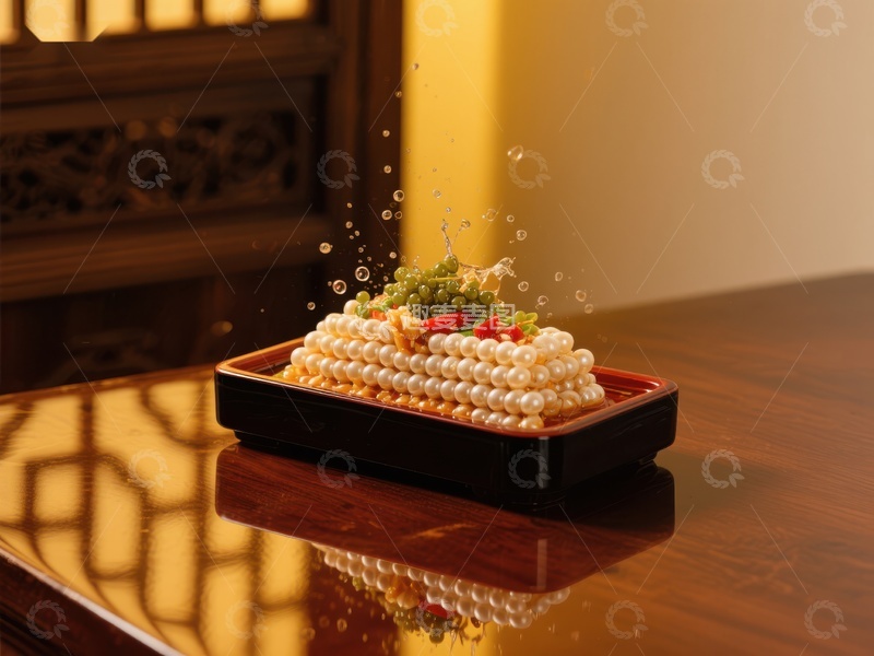 高清大图下载【趣麦麦图】珍珠装饰盘中的美食特写