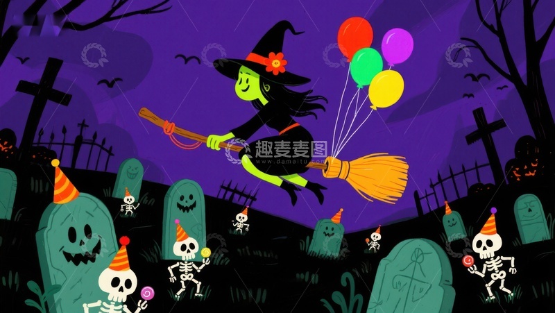 高清大图下载【趣麦麦图】万圣节女巫夜空飞行
