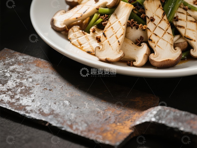 高清大图下载【趣麦麦图】烤制香菇与锈迹刀具的静物组合