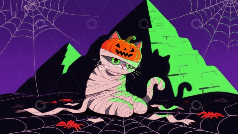 高清大图下载【趣麦麦图】万圣节猫咪装扮南瓜灯