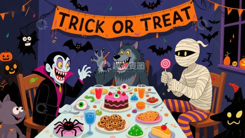 高清大图下载【趣麦麦图】万圣节派对：怪物们共进晚餐