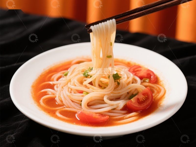 高清大图下载【趣麦麦图】筷子夹起热腾腾的番茄面条