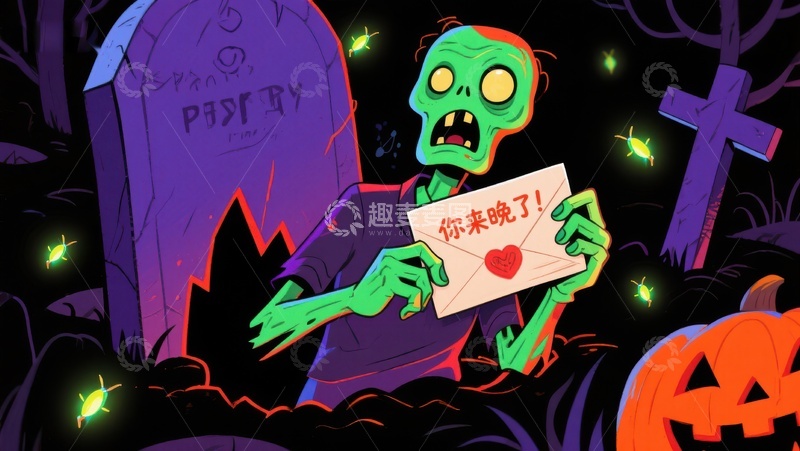 高清大图下载【趣麦麦图】僵尸手持信件，墓地夜景