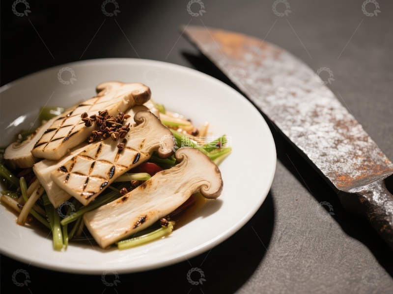 高清大图下载【趣麦麦图】烤制菌菇配青菜，刀具旁陈