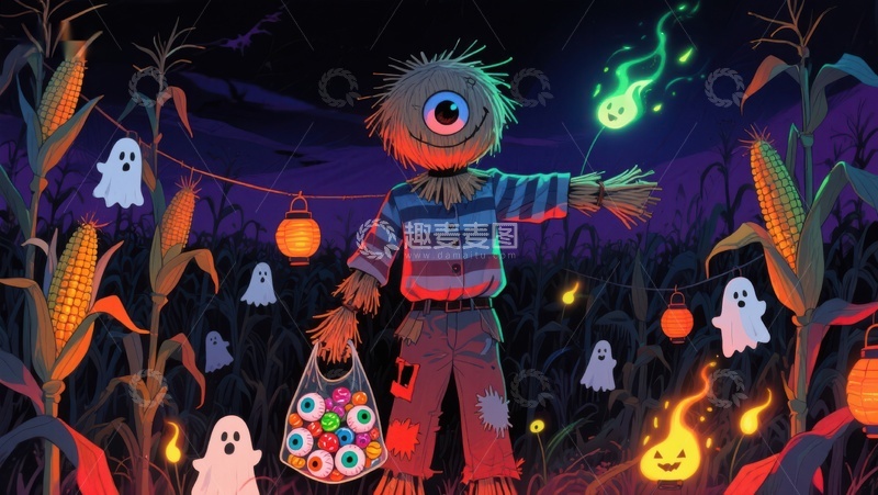 高清大图下载【趣麦麦图】万圣节玉米田中的发光稻草人