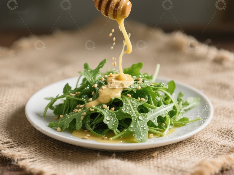 高清大图下载【趣麦麦图】蜂蜜淋洒在芝麻点缀的绿叶沙拉上