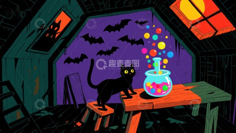 神秘阁楼中的黑猫与魔法药水
