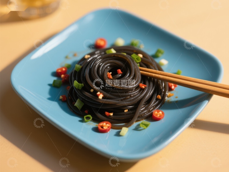 高清大图下载【趣麦麦图】蓝盘上的黑色凉粉配辣椒和葱花