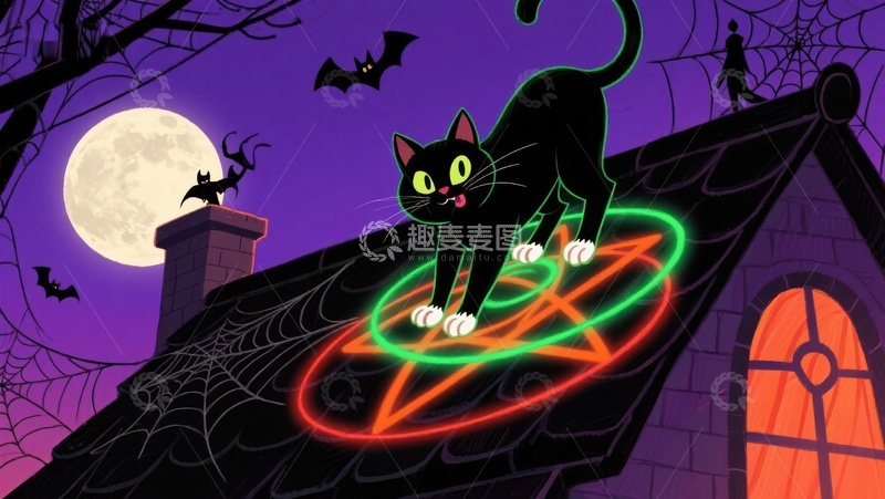 高清大图下载【趣麦麦图】黑猫屋顶上的神秘光环