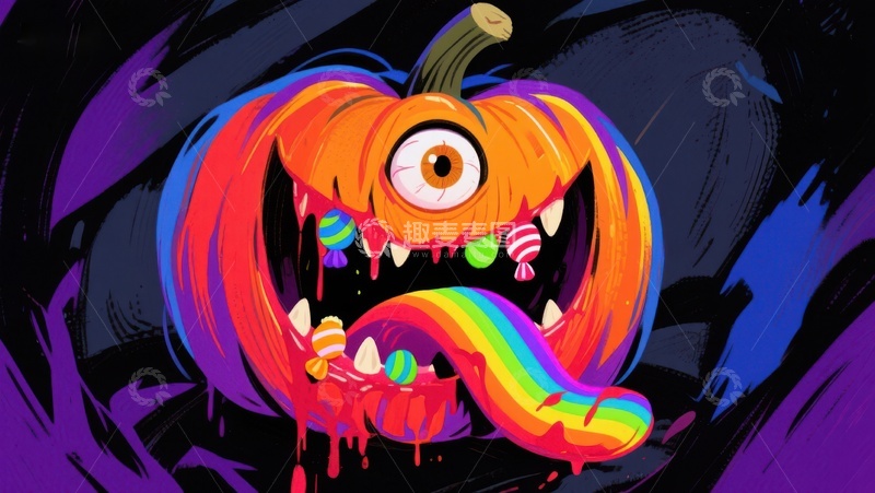 高清大图下载【趣麦麦图】怪诞南瓜吐彩虹糖