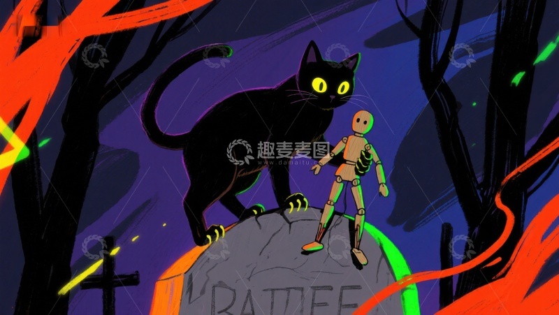 高清大图下载【趣麦麦图】夜幕下的黑猫与木偶