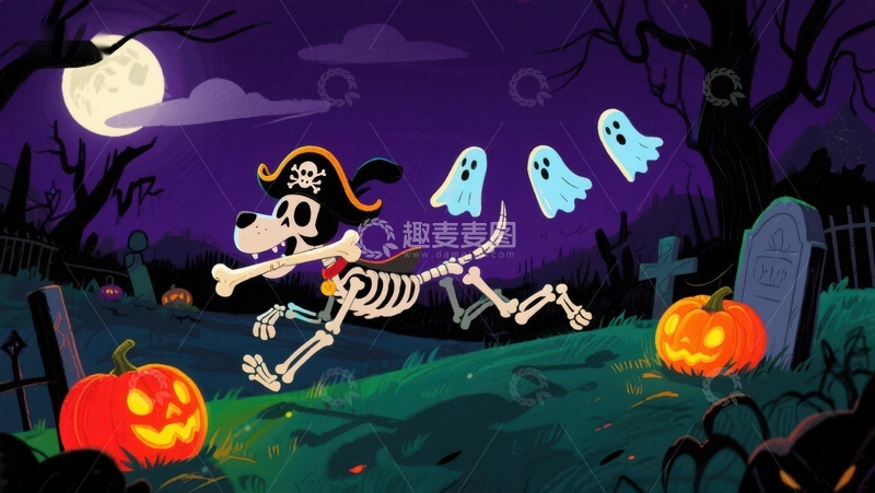 高清大图下载【趣麦麦图】万圣节骷髅狗夜游墓地