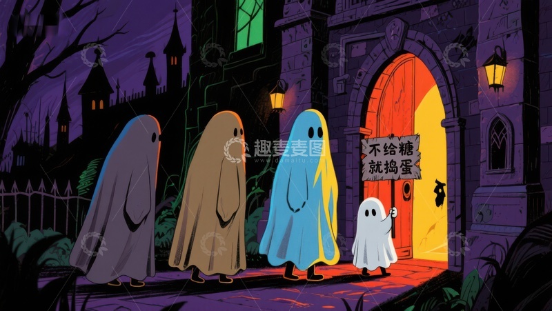 高清大图下载【趣麦麦图】万圣节夜晚，小鬼们在门前讨糖