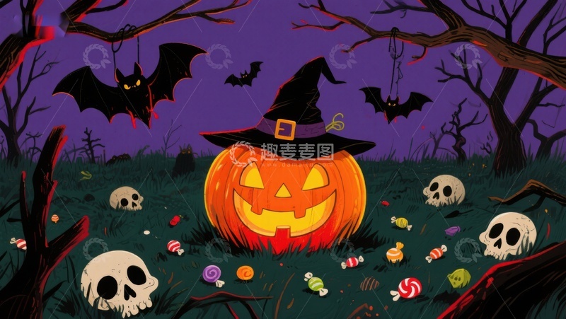 高清大图下载【趣麦麦图】万圣节南瓜灯与幽灵森林