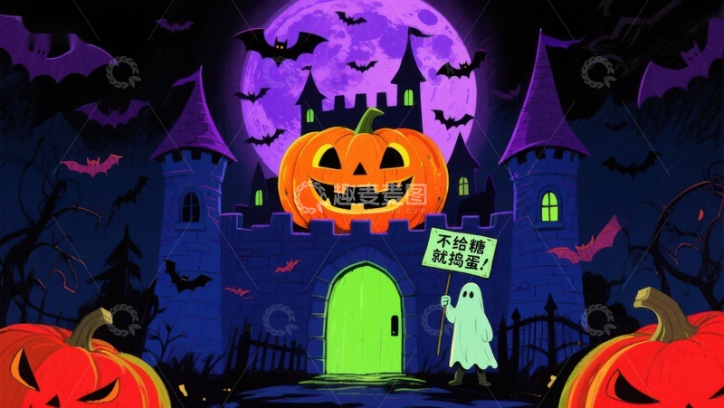 高清大图下载【趣麦麦图】万圣节城堡夜景与南瓜灯
